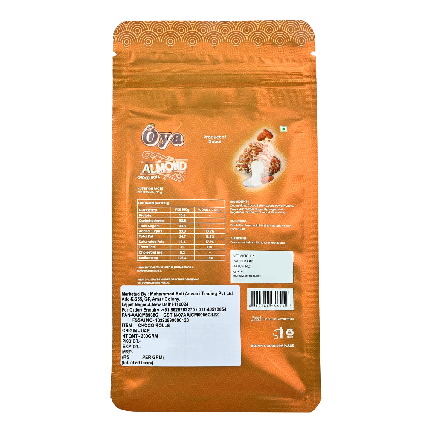 Oya Almond Choco Roll 200 Gram with Yummy Cream|Classic Delicious Choco Roll with Almond Dry fruits and Cocoa Cream