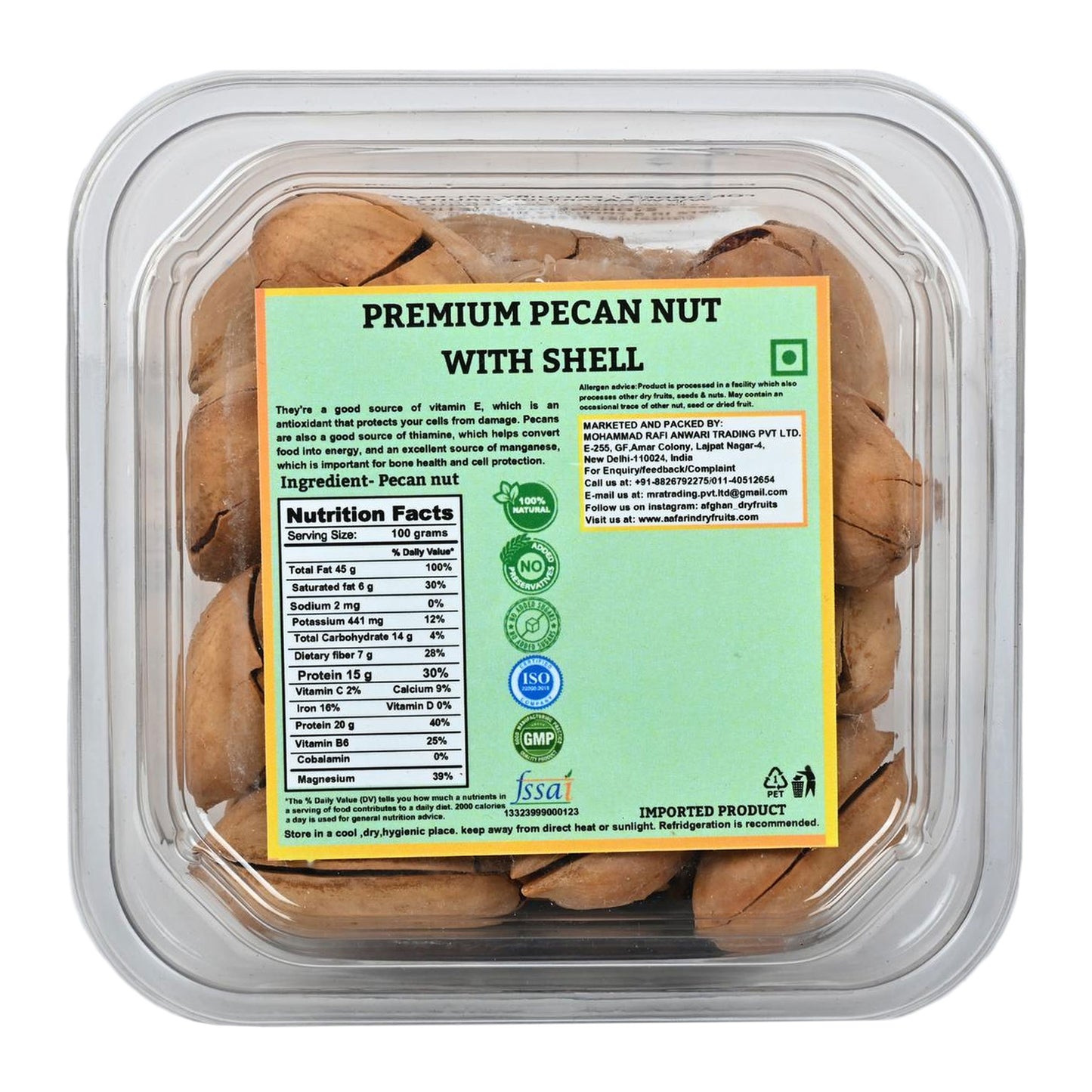 AAFARIN PREMIUM IMPORTED PECAN NUTS WITH SHELL- ROASTED VANILLA FLAVOUR.