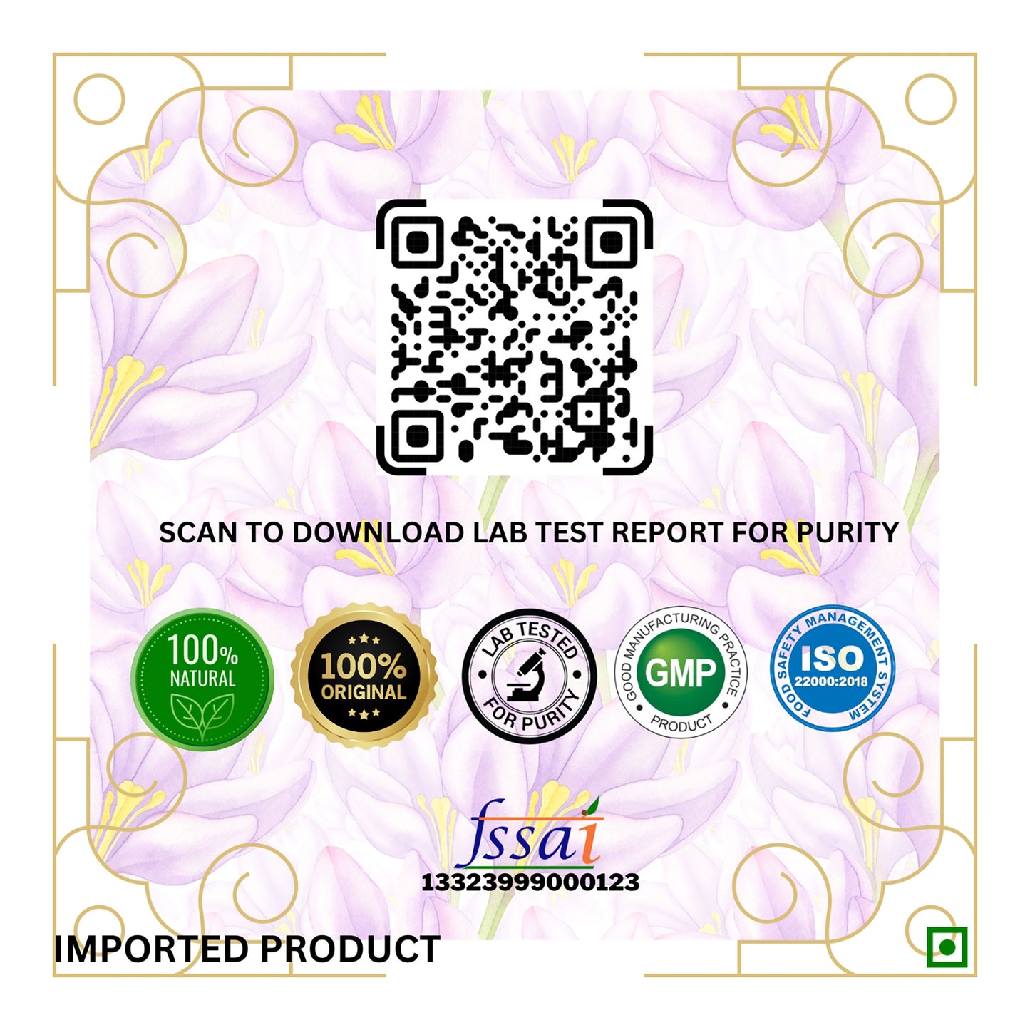 Product label with QR code, certification logos.