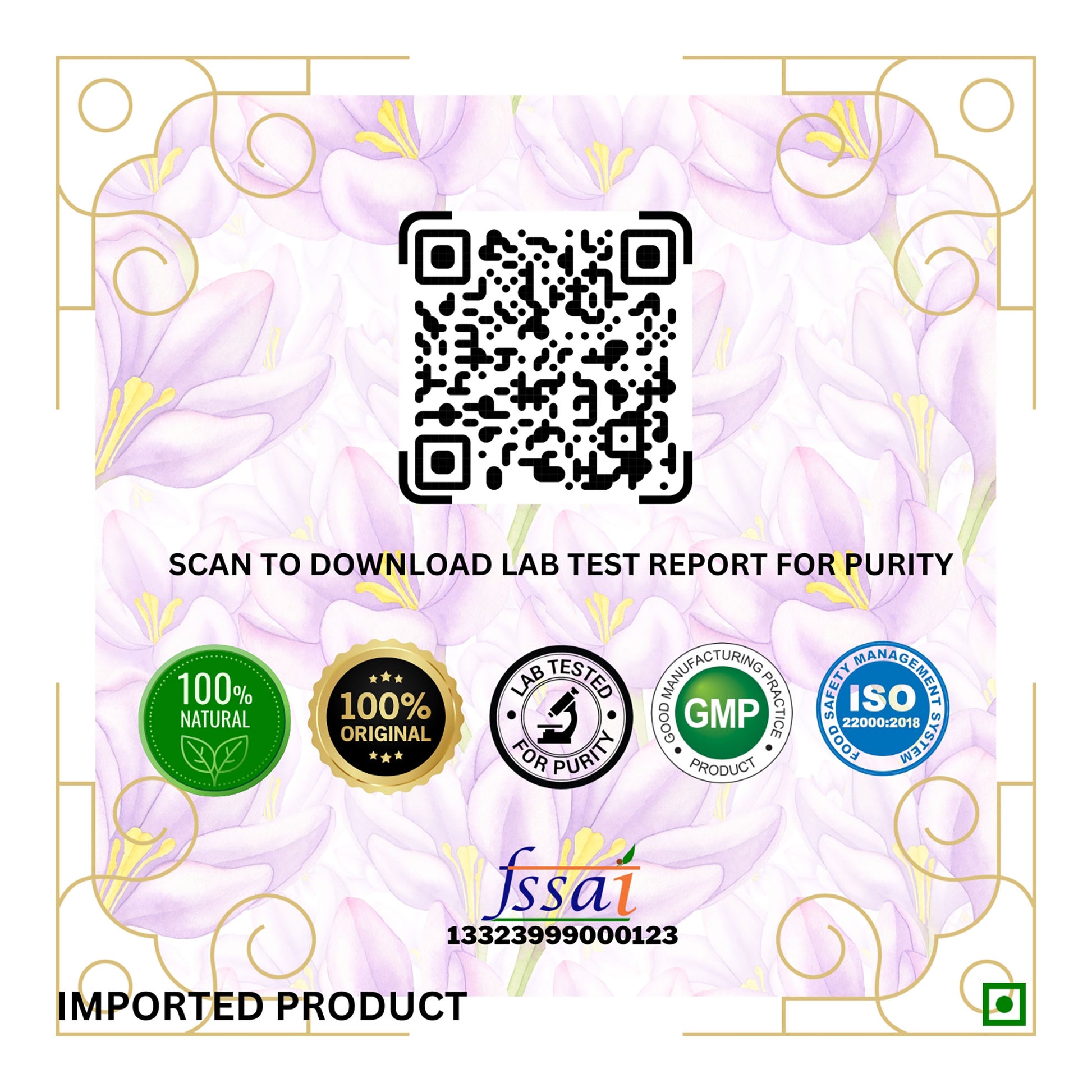 Product label with QR code, certification logos.